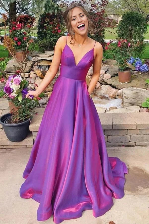 Vestidos de fiesta de satén con tirantes finos, corte A y bolsillos